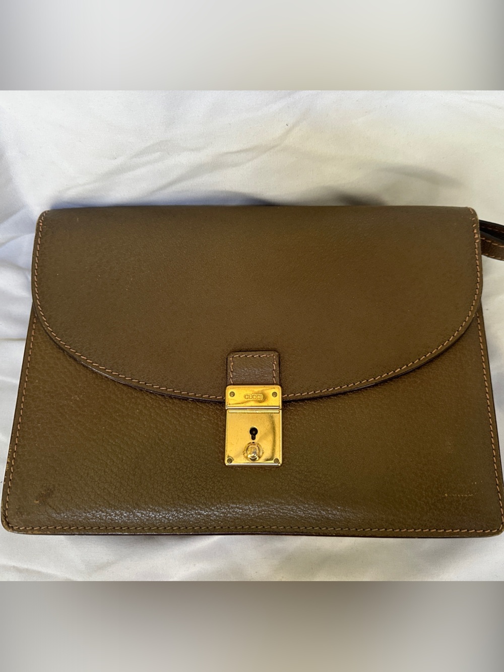 Gucci Brown Leather Clutch with Gold Lock and wristband and key